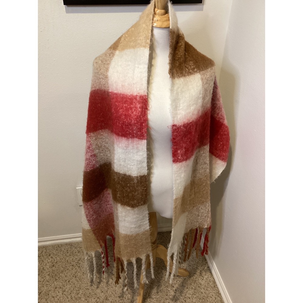 American Eagle Plaid Blanket Scarf‎ Shawl Wrap Red Brown Cream Fringe One Size